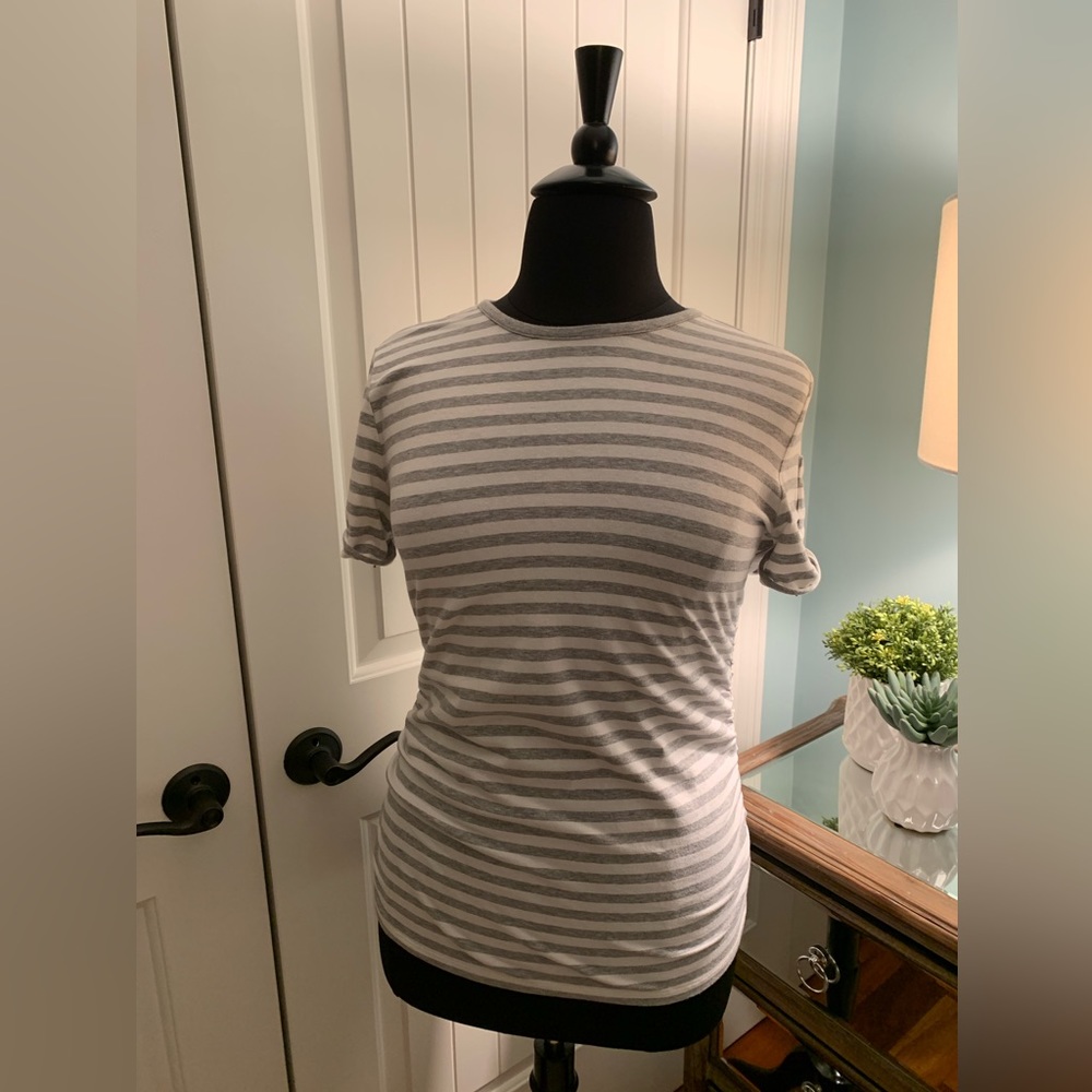 Michael Kors, Striped Top, W/Zipper Detail on Sleeves, Ruching, Grey/White, L